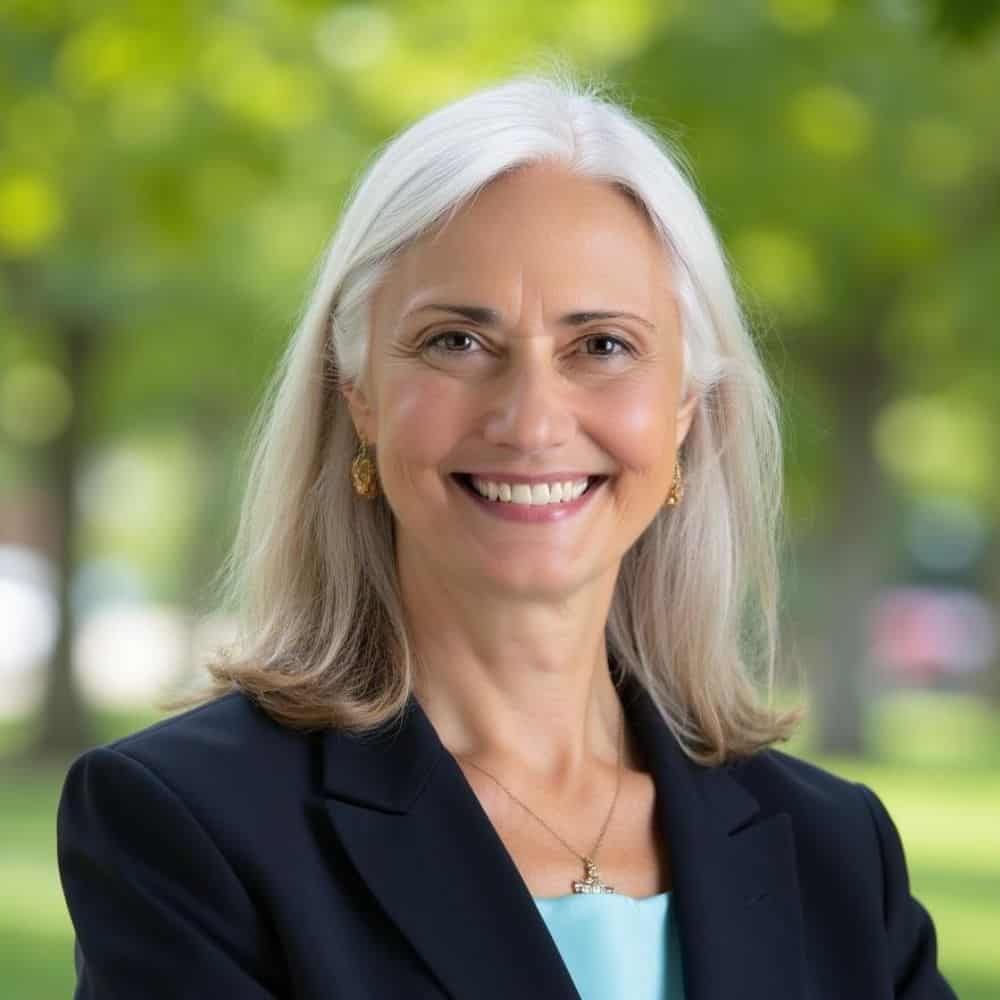 headshot of a smiling middle-aged woman with silver hair, dressed professionally in a navy blazer, outdoor park background showcasing confidence and leadership, ideal for business or professional profile use