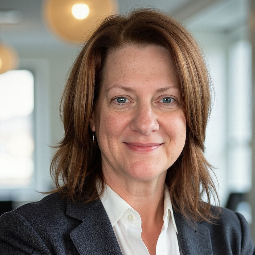 Experienced woman with redish brown hair in professional business suit.