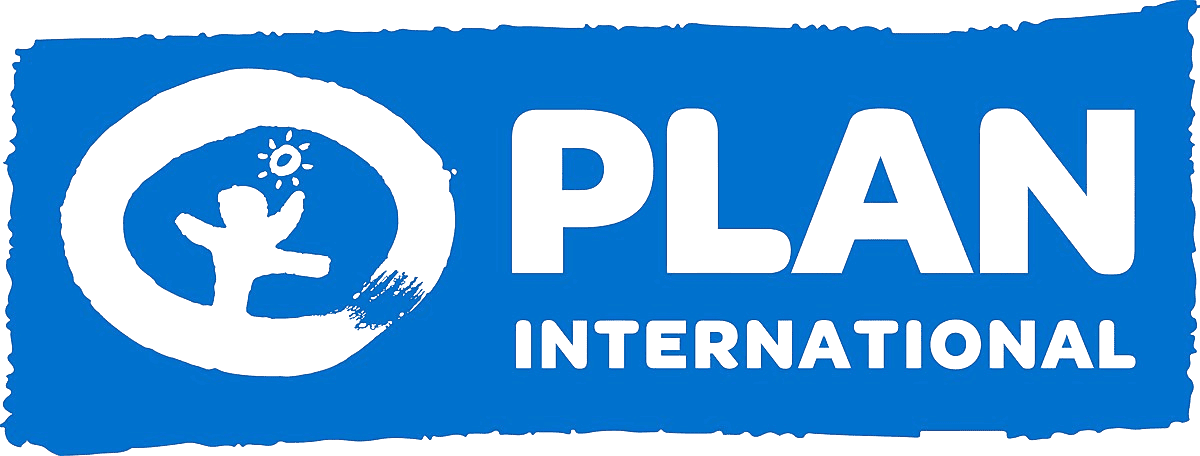 Plan International logo in blue, with image of child playing in sunshine